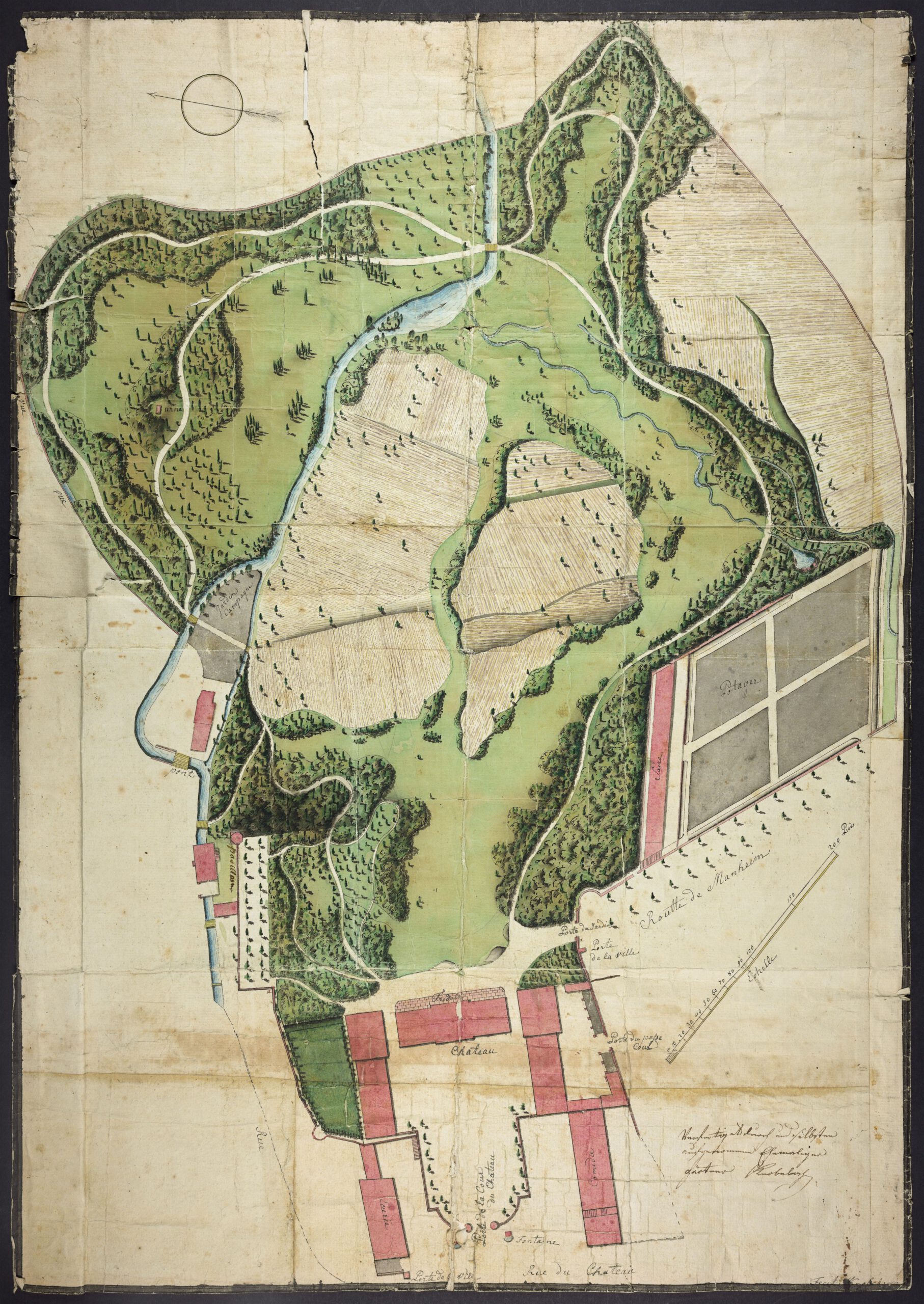 Bad Dürkheim, Fürstlich-Leiningen’sches Schloss und Garten, Plan von Hofgärtner Knobeloch, um 1793 (Landesarchiv Speyer, Best. W 1 Nr. 2863)