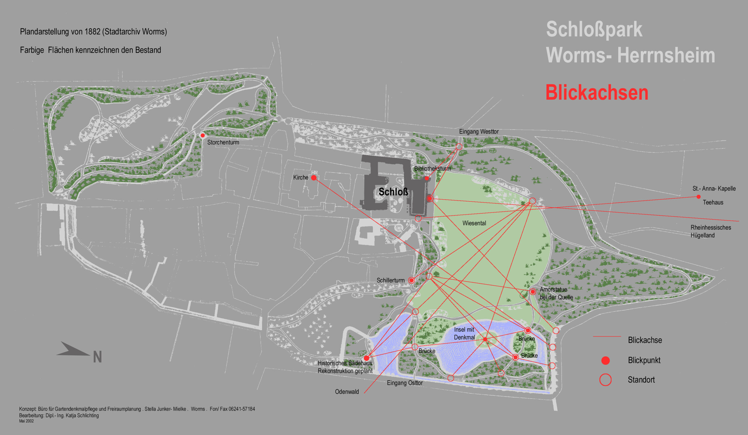 Schlosspark Worms-Herrnsheim, Blickachsenplan, © Landschaftsbüro Junker-Mielke, 2002