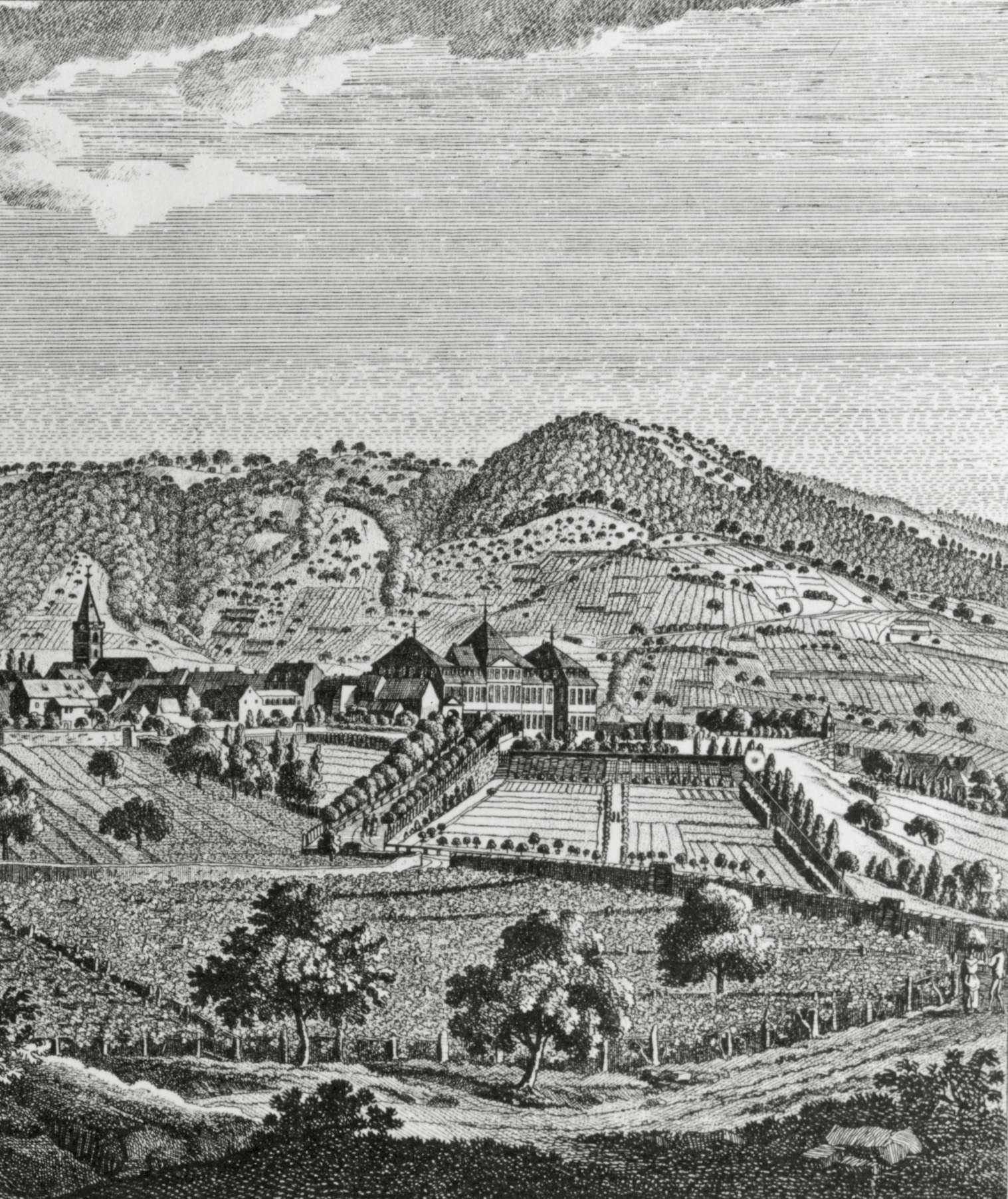 Bad Dürkheim, Stadtansicht, Ausschnitt mit Fürstlich-Leiningen‘schem Schloss, Radierung von Jakob Rieger, 1787, GDKE, Landesdenkmalpflege