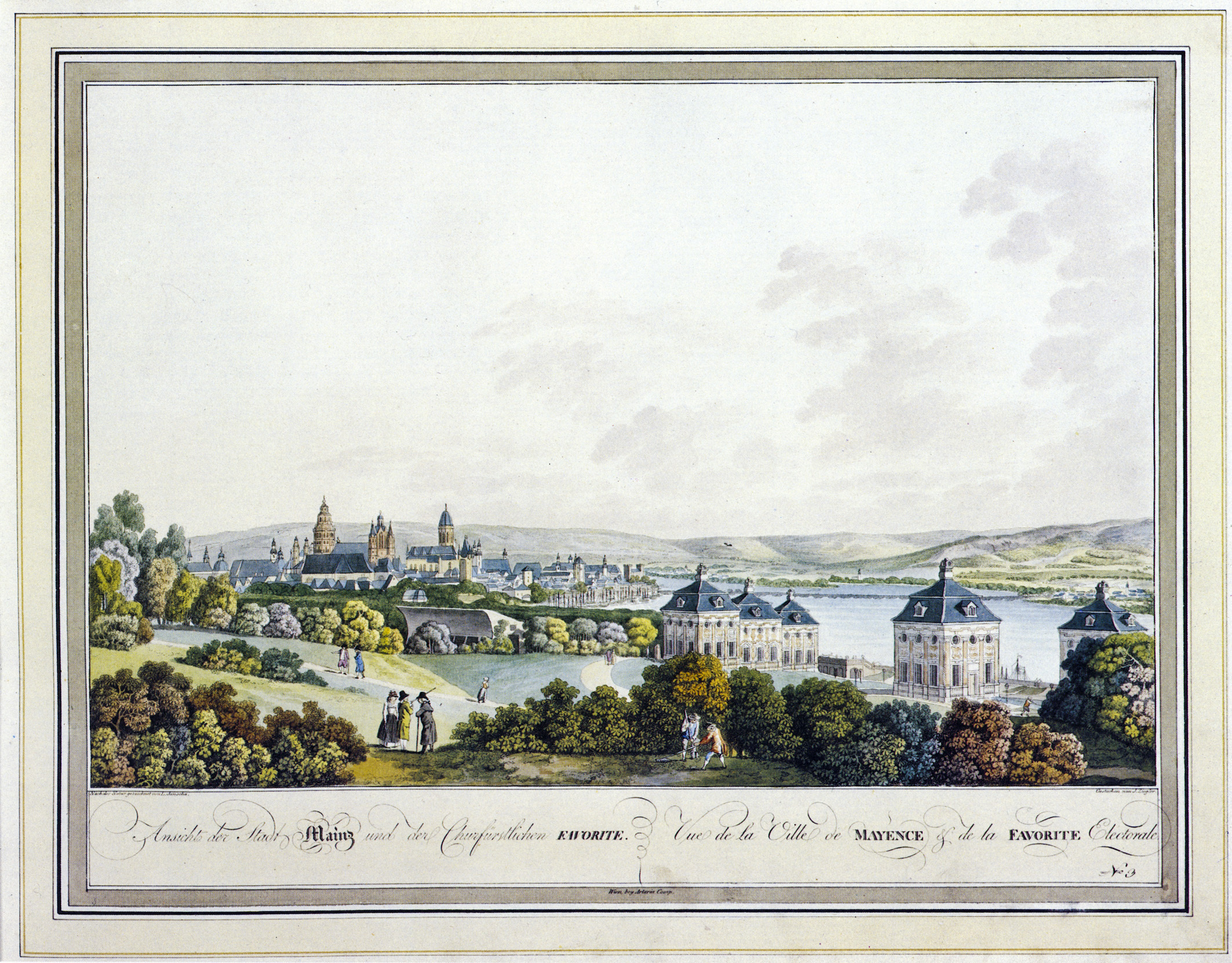 Laurenz Janscha: Stadtansicht von Mainz, im Vordergrund die Favorite, 1798, kolorierte Radierung, © GDKE Landesdenkmalpflege