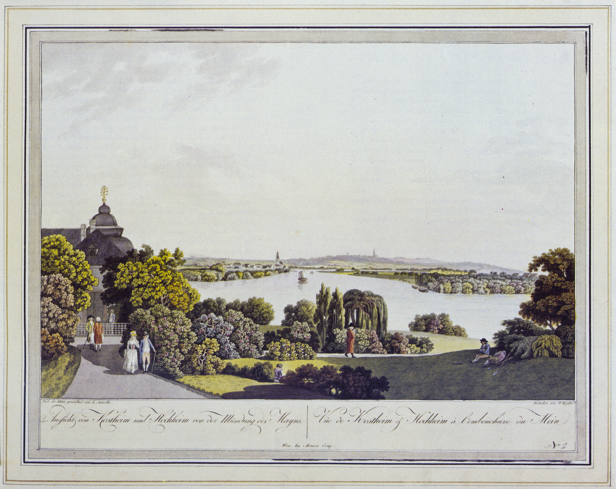 Laurenz Janscha: Blick von der Favorite auf die Mainmündung, 1798, kolorierte Radierung (GDKE Landesdenkmalpflege)  