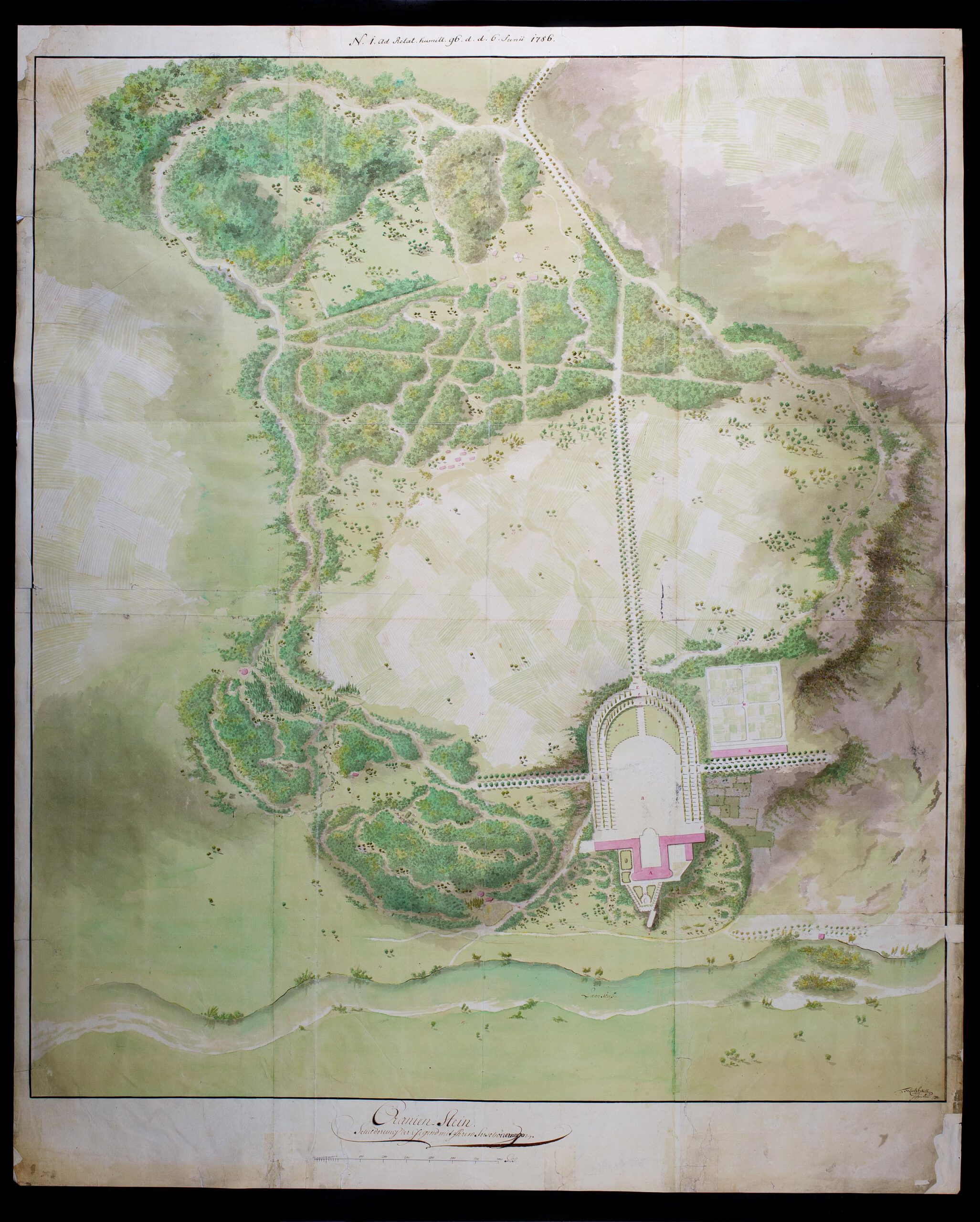 Schloss Oranienstein, Gesamtentwurf von Sckell, 1786: Schilderung der Gegend mit ihren Verschönerungen, © Koninklijk Huisarchief, s’gravenhage, Inv.-Nr. C20-F12